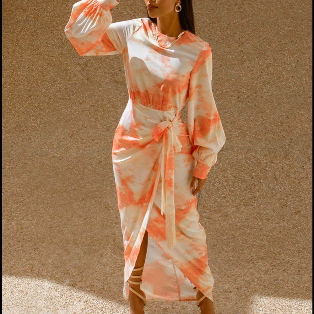 Orange Watercolour Print Tassel Tie Wrap Maxi Dress